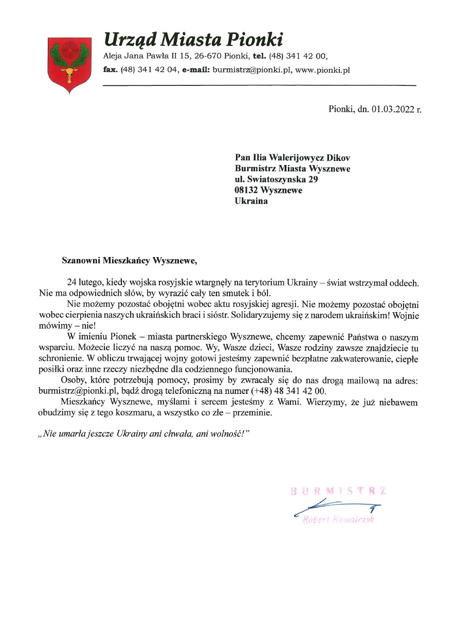 List wsparcia Burmistrza do miasta partnerskiego Wysznewe