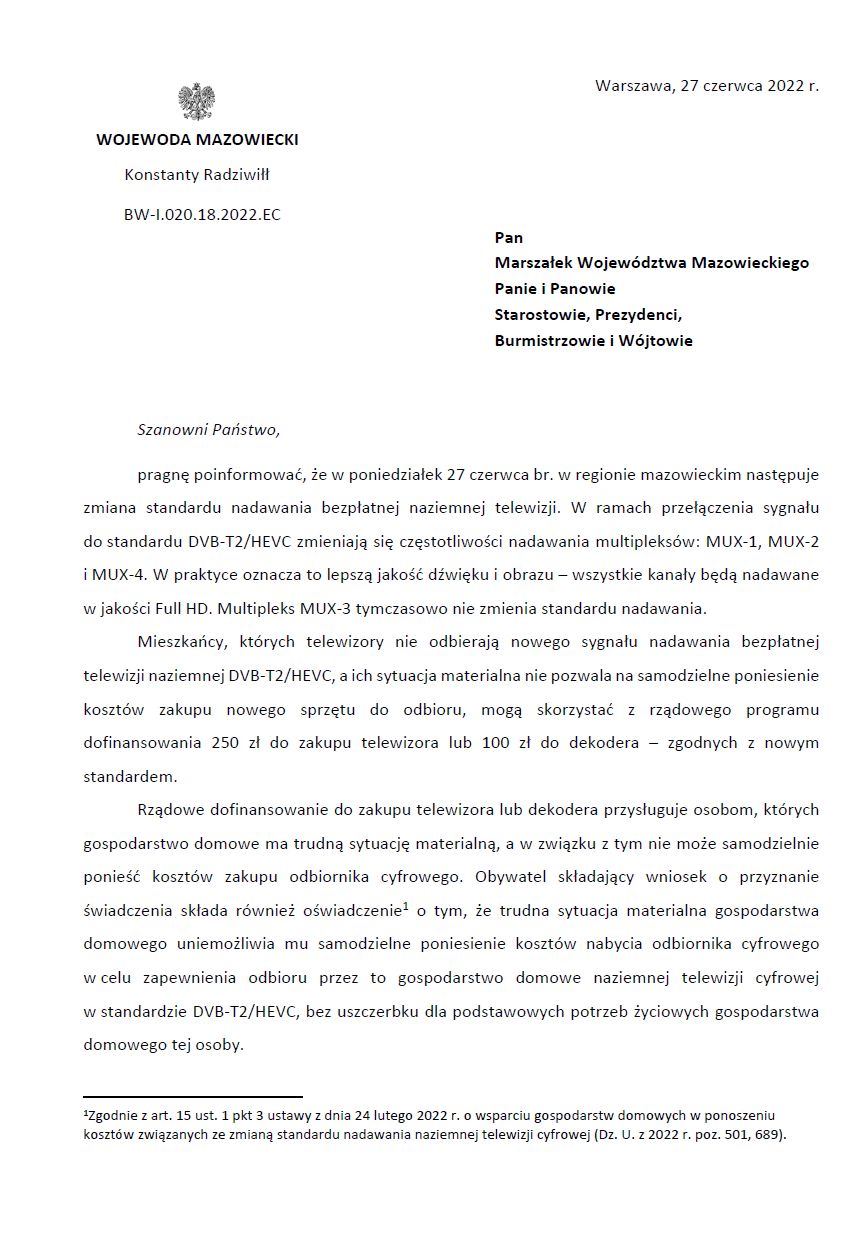 List Wojewody w sprawie zmian standardu nadawania bezpłatnej naziemnej telewizji