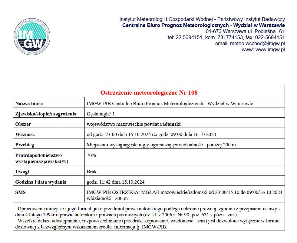 UWAGA! IMGW ostrzega przed gęstą mgłą