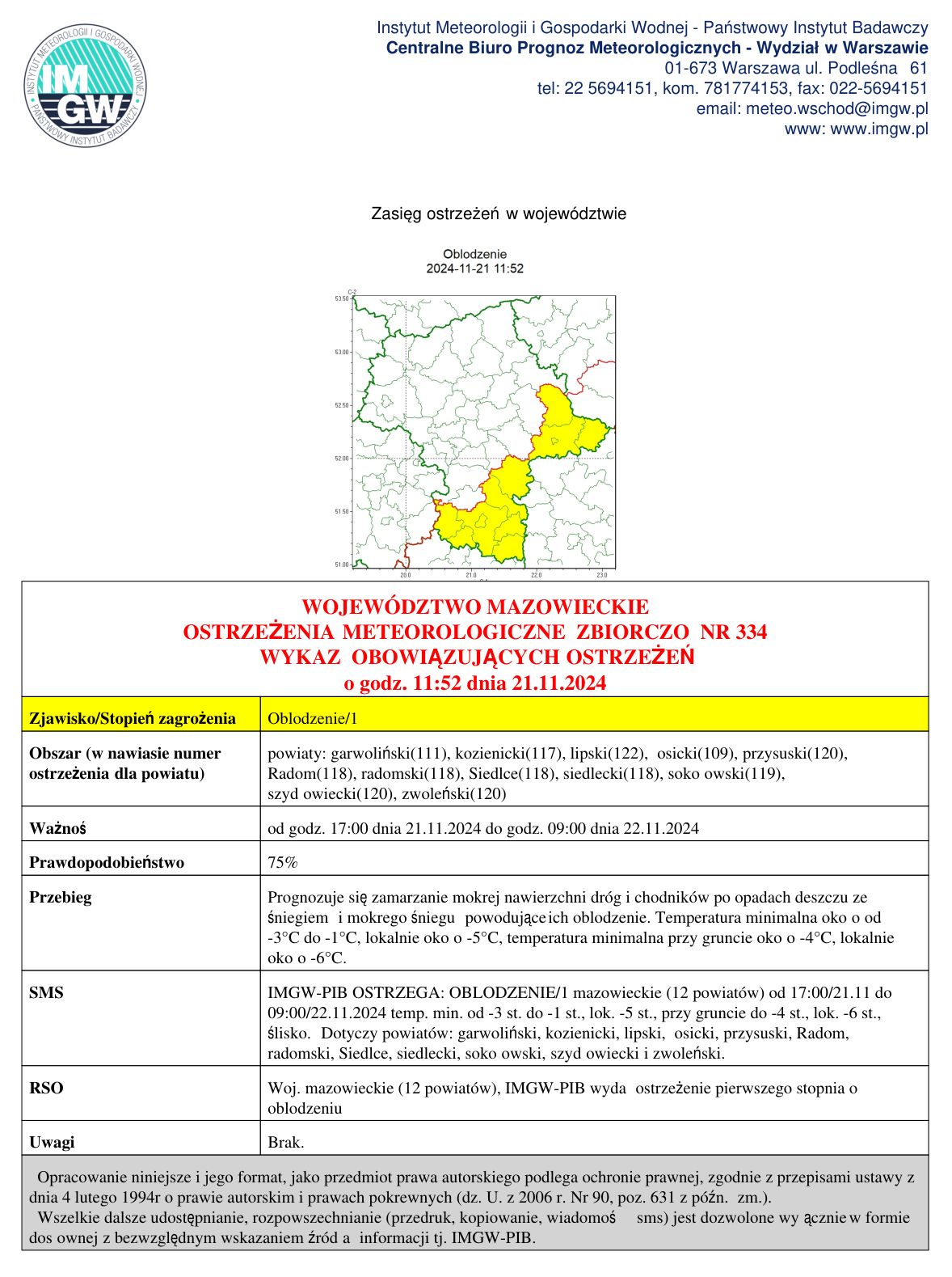 IMGW-PIB wydał ostrzeżenie pierwszego stopnia o oblodzeniu