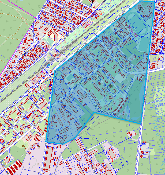 Mapa prezentująca obszar miasa związany z awarią