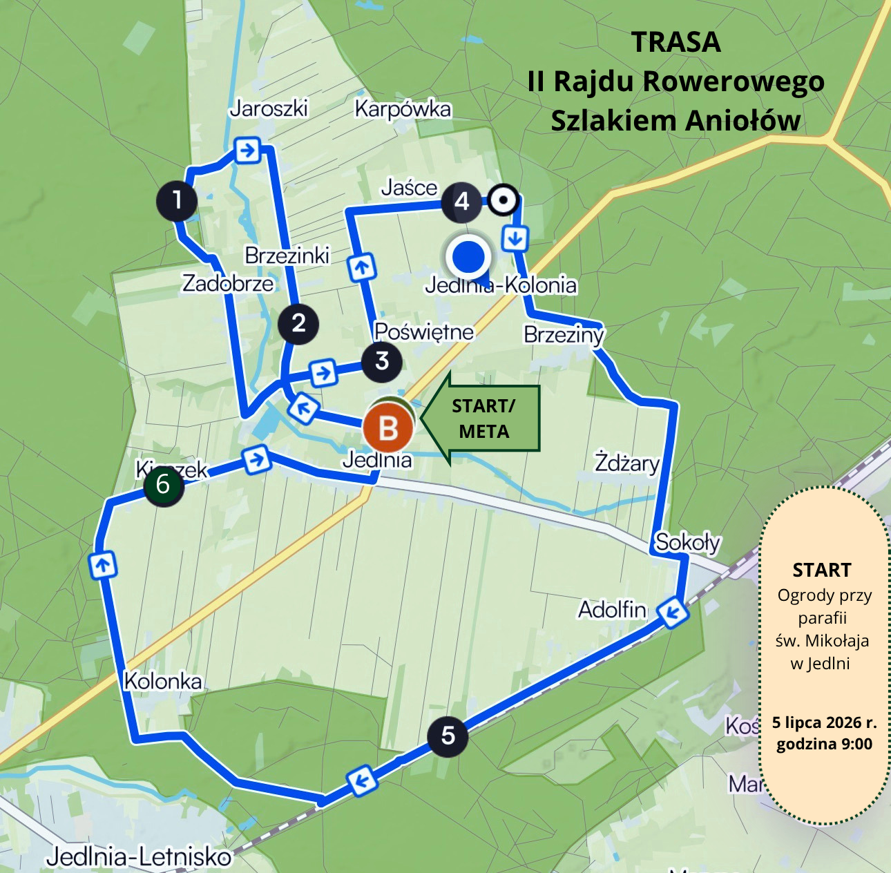 Trasa Rajdu Rowerowego Szlakiem Aniołów Mapa fragmentu Gminy Pionki, na której zaznaczone są wszystkie punkty rajcu.